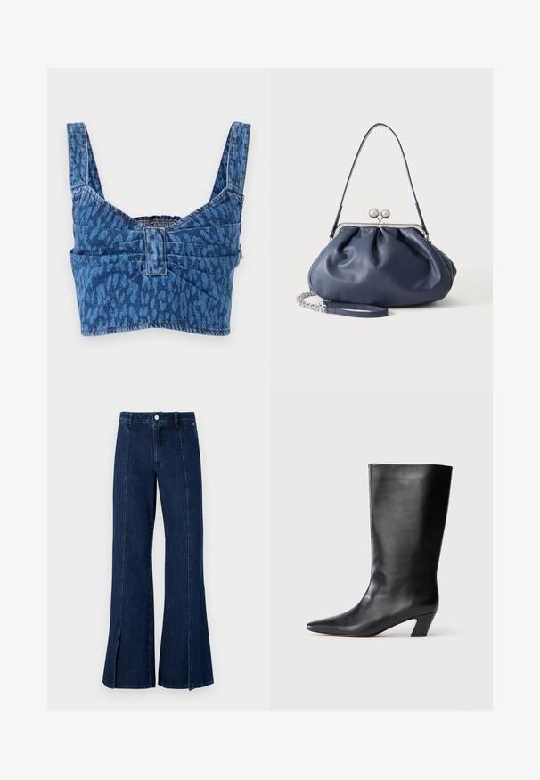 Denim crop top med brede stropper, prydet med et blåt dyreprint, med en synlig ryg og synlig søm langs kanterne.; Bredde denim jeans i mørkeblå, med høj talje, slids ved kanten og klassisk fem-lomme design med metal knaplukning.; Knæhøje sorte læderstøvler med spidse tæer, vinklede blokhæle og glat overflade. Minimalistisk design uden synlige dekorationer.; Blød navyblå læderhåndtaske med sølv lukning, enkelt skulderrem og aftagelig kæde til håndleddet på hvid baggrund.