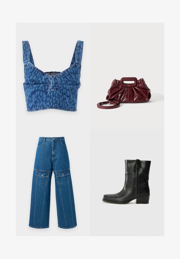 Denim crop top med brede stropper, prydet med et blåt dyreprint, med en synlig ryg og synlig søm langs kanterne.; VIDE-lags denim bukser i lyseblå, med høj talje, synlige sømme og to lommer med klap og knap på hver side.; Sort læder ankelstøvle med rundt tå, blokhæl, lynlås i siden og stikninger på vampsiden. Glat tekstur, klassisk design.; Lille mørkerød læderhåndtaske med opsamlet struktur, rektangulært håndudskåret håndtag og aftagelig skulderrem på hvid baggrund.