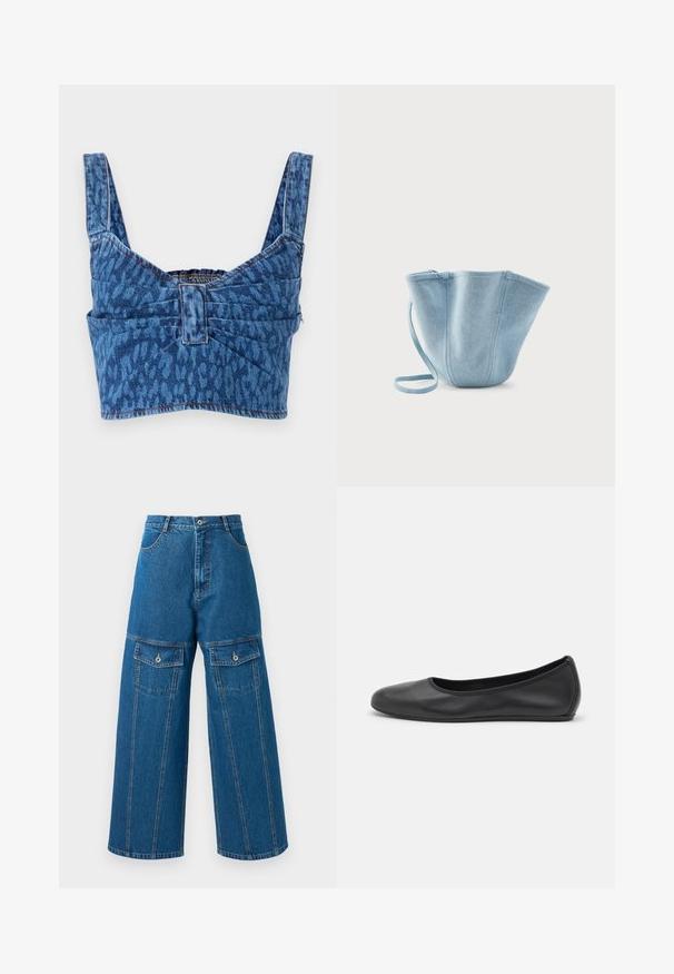 Denimist lühike topp laiade rihmadega, sinise loomapildiga mustriga, kokku tõmmatud tagaosa ja avatud õmblustega äärtes.; Heledad denim püksid helesinises toonis, millel on kõrge vöökoht, nähtavad õmblused ja kaks nööbiga klapp-taskut igal küljel.; Musthave mustika tantsutossud mustast nahast, ümmarguse varbaga, siledast tekstuurist, minimaalse õmblusdetailiga ja paindliku tallakujundusega.; Hele sinine kangast ämbrikujuline kott pika rihmaga, lai ülemine ava ja õmmeldud vertikaalsed õmblused, valgel taustal.