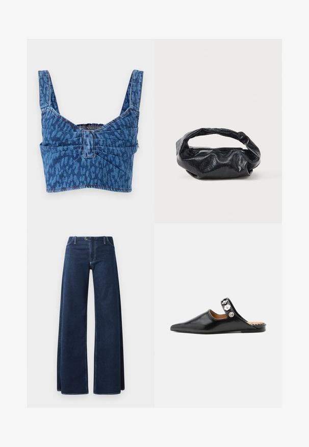 Τζιν crop top με φαρδιές τιράντες, διακοσμημένο με μπλε σχέδιο ζώου, με σούρα στην πλάτη και εκτεθειμένες ραφές κατά μήκος των άκρων.; Πλατινά τζιν παντελόνια σε σκούρο μπλε χρώμα με εμφανή ραφή, μπροστινές τσέπες και κούμπωμα με κουμπί. Φτιαγμένα από ανθεκτικό ύφασμα τζιν.; Μαύρο μυτερό δερμάτινο mule με χαμηλό τακούνι και διακοσμητικά ασημένια λουλουδάτα κουμπιά σε ένα επάνω λουράκι.; Μαύρη τσάντα φτιαγμένη από γυαλιστερό, υφασμάτινο υλικό με κυκλική, στροβιλισμένη λαβή και κλείσιμο με φερμουάρ. Διαθέτει ένα μαλακό, ζαρωμένο σχέδιο.