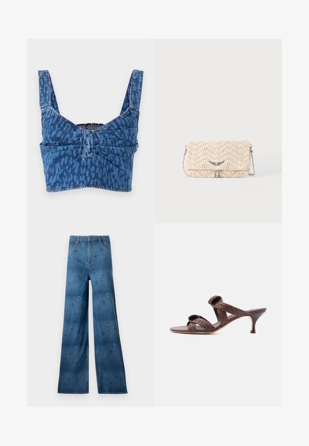 Denim crop top med brede stropper, prydet med et blåt dyreprint, med en synlig ryg og synlig søm langs kanterne.; Bredde ben denimjeans i mørkeblå, med et diskret heltryk og klassisk fem-lomme-design. Syningen står i kontrast til stoffet.; Brun vævet læder-sandal med to remme og en lav kittenhæle på en ensfarvet hvid baggrund.; Beige vævet clutch taske med klap, metal kæde strop og lille sølv vingeformet pynt foran.