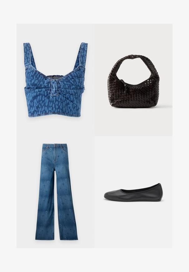 Denim crop top med brede stropper, prydet med et blåt dyreprint, med en synlig ryg og synlig søm langs kanterne.; Bredde ben denimjeans i mørkeblå, med et diskret heltryk og klassisk fem-lomme-design. Syningen står i kontrast til stoffet.; Sort læderballetsko med rund tå, glat tekstur, minimal syning og et fleksibelt såldesign.; Vævet læderhåndtaske i mørkebrun, rund form med et tykt flettet håndtag. Har lynlåslukning og diskret branding på siden.