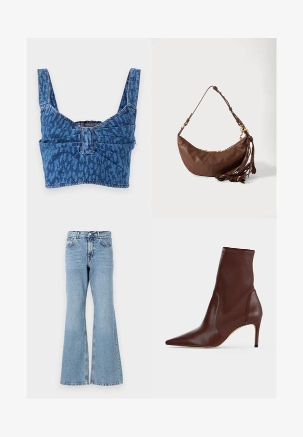 Denim crop top with wide straps, featuring a blue animal print pattern, cinched back, and exposed stitching along the edges.; Light blue denim flared jeans with a high waist, featuring a button closure, five pockets, and a faded wash with subtle whiskering.; Dark brown leather ankle boot with pointed toe and slim high heel against a plain light background.; Brown leather crescent-shaped shoulder bag with gold zipper and multiple leather tassels hanging from the strap on a white background.