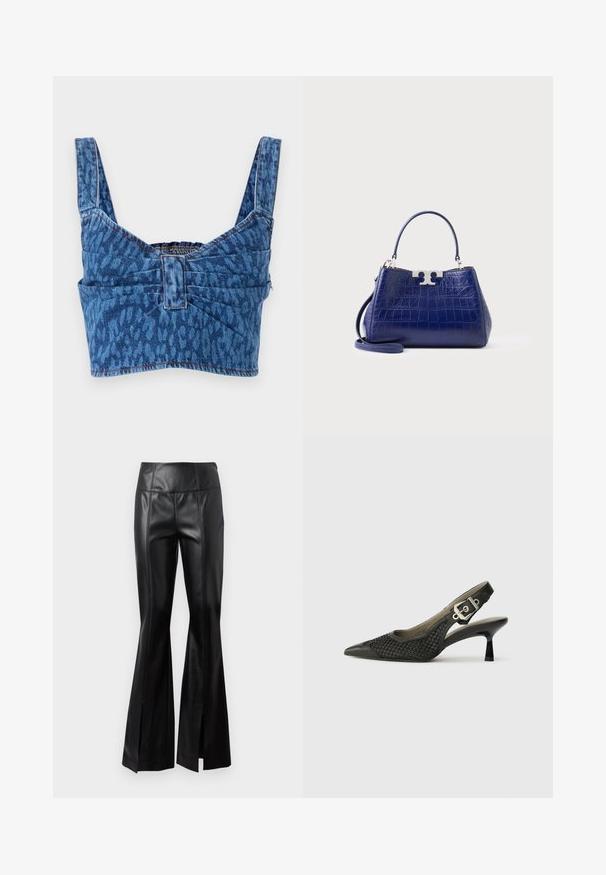 Denim crop toppi leveillä olkaimilla, jossa on sininen eläinkuosinen kuvio, nyöritetty selkä ja paljaat saumat reunoilla.; Mustat keinonahkaiset korkeavyötäröiset housut, joissa on pystysaumadetaileja ja etuleikkauksia leveässä helmassa, yksinkertaista valkoista taustaa vasten.; Mustat nilkkapohjakengät, joissa on terävä kärki, punottu verkkoilme ja solkiyksityiskohta kannassa. Kapea, kaareva korko. Sileä nahkakuviointi.; Pieni tummansininen käsilaukku krokotiilin kuvioinnilla, hopeanvärisellä lukolla, yläkahvalla ja irrotettavalla olkahihnalla valkoisella taustalla.