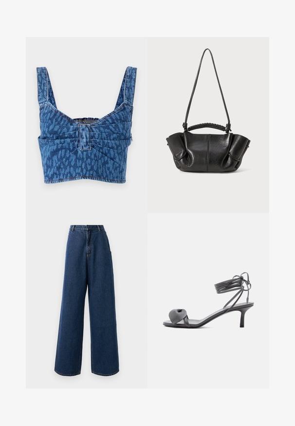 Denim-Crop-Top mit breiten Trägern, versehen mit einem blauen Tiermotiv, gerafftem Rücken und sichtbaren Nähten entlang der Kanten.; Hoch taillierte, weit geschnittene Jeans in dunkelblauer Denim-Optik mit vorderem Knopf- und Reißverschluss, Gürtelschlaufen und Seitentaschen.; Graue Leder-Pumps mit Absatz, verknotetem Riemen über den Zehen und Wickelriemen um den Knöchel auf schlankem, mittelhohem Absatz vor weißem Hintergrund.; Schwarze Lederhandtasche mit strukturierter Oberfläche, sanften Falten, doppelten Trägern und geflochtenen Griffdetails. Kompakt, mit einteiliger Oberkante.