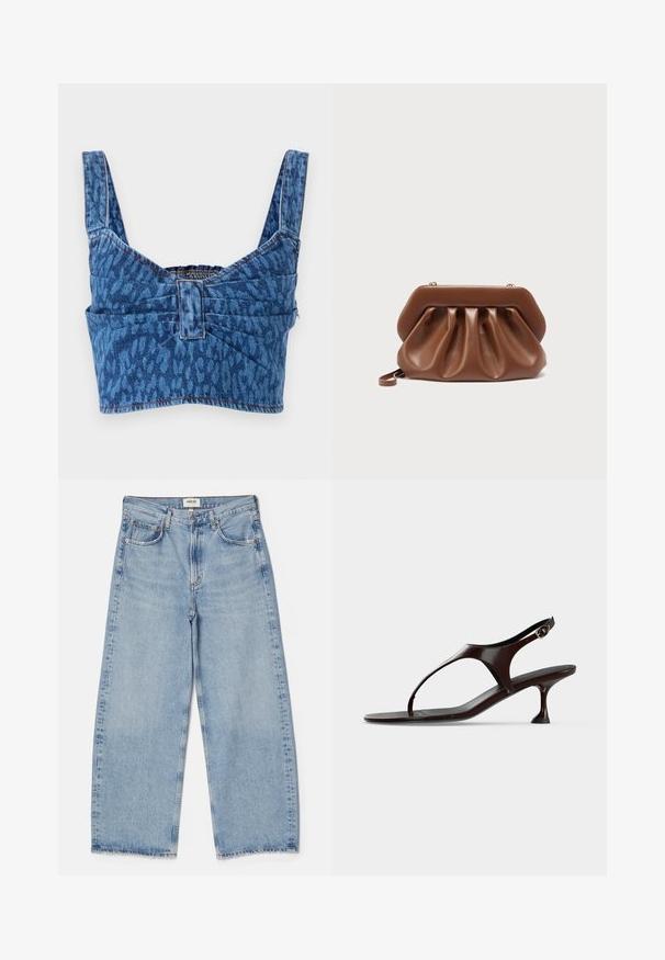 Denim crop top med brede stropper, prydet med et blåt dyreprint, med en synlig ryg og synlig søm langs kanterne.; Agolde Baggy jeans - light-blue denim; Mørkebrun laklædersandal med rem bagpå, lille hæl og tårem på hvid baggrund.; Brun læderclutch med samlet design og struktureret topramme, der har en lille håndledsrem og detalje i guldfarvet lukning.