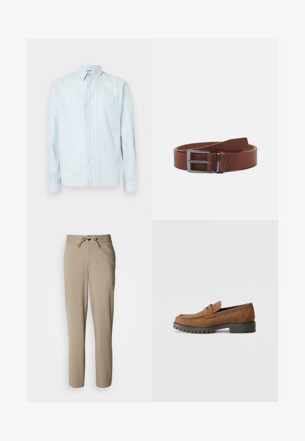 Camisa de botones azul claro con rayas blancas verticales, cuello clásico, mangas largas y dos detalles de botón en las mangas.; Pantalones beige confeccionados con un tejido suave, que cuentan con cintura ajustable con cordón y un corte relajado, con piernas rectas y sin bolsillos visibles.; Mocasines de ante marrón con punta redondeada y una suela de goma negra baja, que presentan una correa decorativa y detalles de costura en la parte superior.; Cinturón de cuero marrón con una textura suave, que presenta una hebilla de metal plateado y un diseño minimalista. El cinturón tiene un extremo redondeado y costuras precisas.