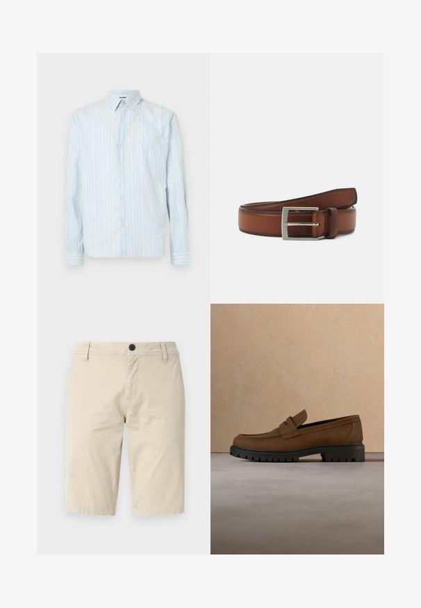 Camisa de botones azul claro con rayas blancas verticales, cuello clásico, mangas largas y dos detalles de botón en las mangas.; Pantalones cortos beige de tela ligera, con frente plano, cierre de un botón y dos bolsillos laterales; textura suave.; Mocasín de cuero marrón oscuro con suela gruesa de goma negra, mostrado sobre una alfombra beige y fondo de sofá.; Cinturón de cuero marrón con una hebilla rectangular de plata, que presenta costuras sutiles y una textura suave.