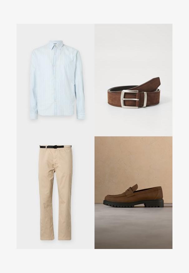 Camisa de botones azul claro con rayas blancas verticales, cuello clásico, mangas largas y dos detalles de botón en las mangas.; Pantalones beige de pierna recta con cinturón negro ajustable, pretina elástica en un lado y detalle de costura frontal.; Mocasín de cuero marrón oscuro con suela gruesa de goma negra, mostrado sobre una alfombra beige y fondo de sofá.; Cinturón de ante marrón con hebilla de metal plateado y detalle de costuras lineales. El cinturón es plano y tiene un ancho y una forma clásicos.