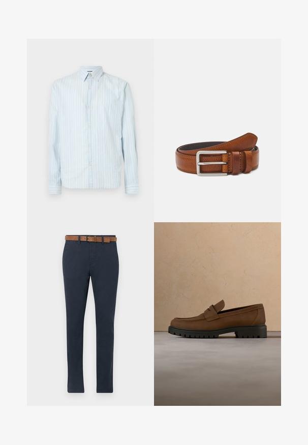 Camisa de botones azul claro con rayas blancas verticales, cuello clásico, mangas largas y dos detalles de botón en las mangas.; Chinos azul oscuro hechos de algodón con una textura suave. Presentan un cinturón de ante marrón con hebilla y un diseño de pierna recta.; Mocasín de cuero marrón oscuro con suela gruesa de goma negra, mostrado sobre una alfombra beige y fondo de sofá.; Cinturón de cuero marrón con textura suave, hebilla de metal plateado, bordes cosidos y detalle de bucle, con un extremo afilado.
