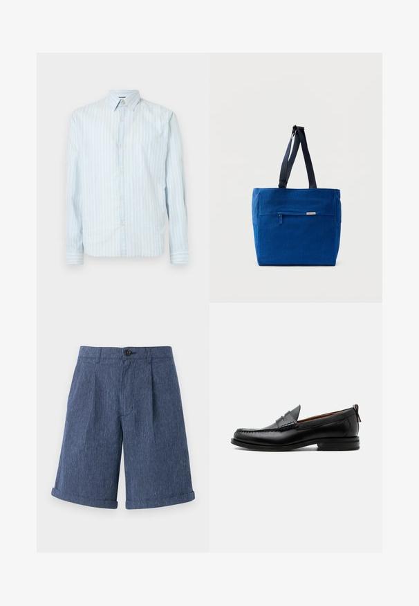 Hellblaues Button-up-Hemd mit weißen vertikalen Streifen, klassischem Kragen, langen Ärmeln und zwei Knopfakzenten an den Ärmeln.; Blaue, strukturierte Shorts mit dezentem Streifenmuster, ausgestattet mit einem einzigen Knopfverschluss und umgeschlagenen Säumen.; Schwarzer Leder-Herrenschuh mit Mokassinnaht, Penny-Riemen, strukturiertem Kragen und niedrigem gestapeltem Absatz auf weißem Hintergrund.; Blaue Canvas-Einkaufstasche mit einer vorderen Reißverschlusstasche, doppelten Schulterriemen und rechteckiger Form. Verfügt über ein dezentes Markenlabel.