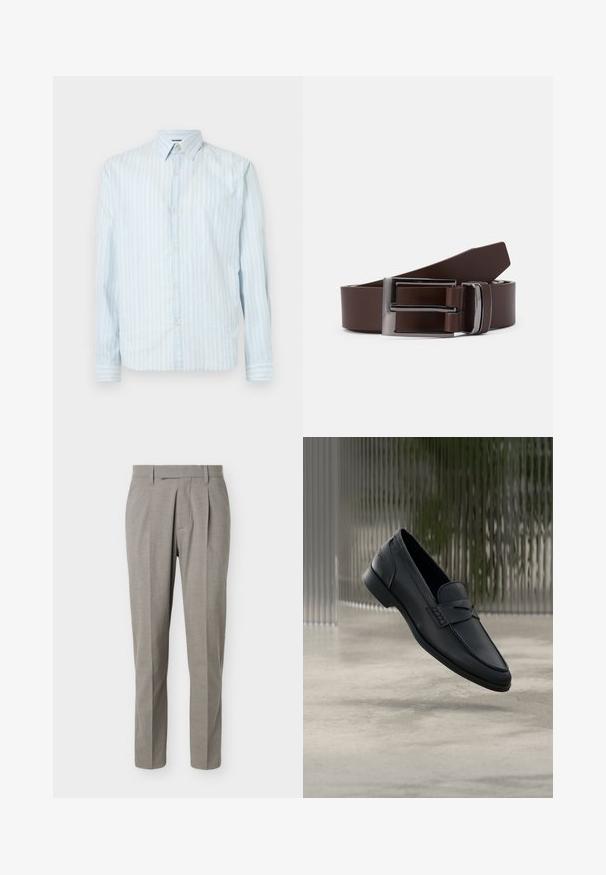 Camisa de botones azul claro con rayas blancas verticales, cuello clásico, mangas largas y dos detalles de botón en las mangas.; Pantalones grises claros a medida con piernas rectas, trabillas para cinturón, pliegues delanteros y una pretina limpia sobre un fondo blanco.; Zapato tipo mocasín de cuero negro con acabado liso, punta puntiaguda y detalles cosidos en la pala. Tacón bajo y diseño minimalista.; Cinturón de cuero marrón con una hebilla de metal plateado, que presenta una textura suave y un diseño rectangular elegante. Sencillo y funcional.