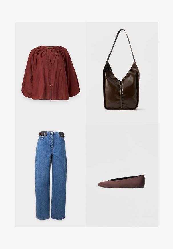 Blouse à manches longues ample de couleur rouille avec épaules froncées et fermeture boutonnée sur le devant, sur fond blanc.; Jean bleu droit avec poches latérales, fermeture à boutons sur le devant, et ceinture élastique noire à motif rayé.; Ballerines en tissu marron avec un bout pointu et une texture lisse, dotées d'un talon bas et d'une fine semelle noire. Aucune motif ni élément métallique visible.; Sac en cuir synthétique lisse de couleur brune avec une ouverture en V et une large bandoulière. Présente un design minimaliste sans quincaillerie visible.