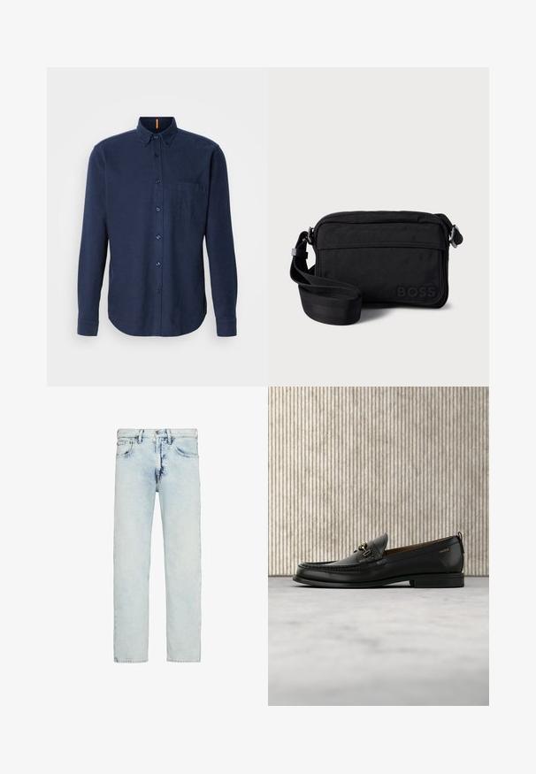Mørkeblå langærmet skjorte med knapper i struktureret stof, der har en brystlomme og rundede kanter. Detalje med to-knaps krave.; Lyseblå højhalsede jeans med straight-ben, let falmet og med knap og lynlås foran.; Sort læderloafers med guldfarvet metaldekoration og "HUGO" branding, vist mod en beige tæppe og brunt gennemsigtigt møbel.; Sort nylon crossbody-taske med lynlås, justerbar rem og præget logodetalje. Rektangulær form og glat tekstur.