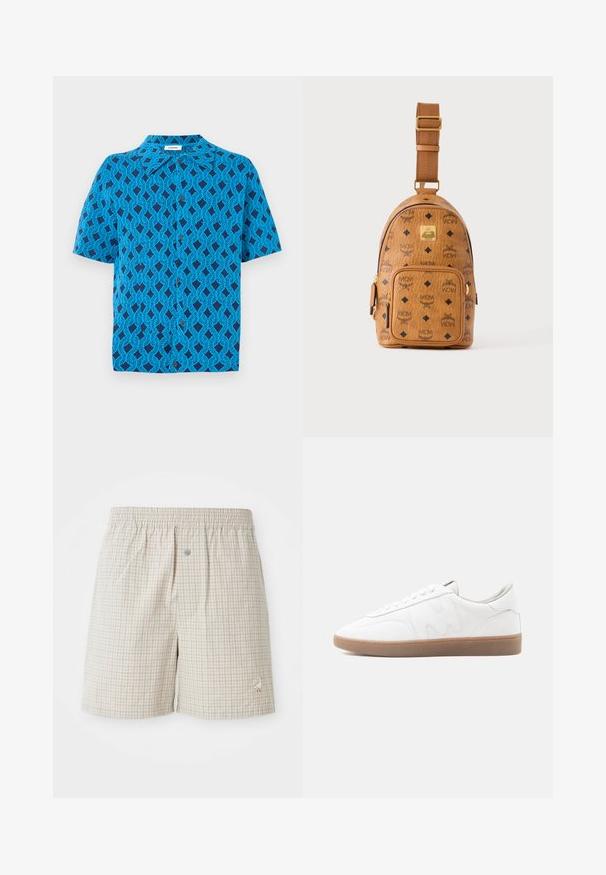 Camisa de manga corta en tela azul con un patrón geométrico de líneas entrelazadas, con cuello y cierre de botones en la parte delantera.; Pantalones cortos de cuadros en beige claro con una textura suave, cintura elástica y un bordado decorativo de un ganso blanco cerca del dobladillo.; Zapatilla blanca de corte bajo con suela de goma color caramelo, superposiciones cosidas y cierre de cordones sobre fondo neutro.; Pequeña bolsa bandolera de cuero color marrón claro con correa ajustable, bolsillo delantero con cremallera y patrón repetido del logo negro de MCM.