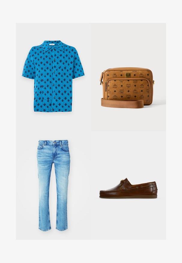 Korte mouw shirt van blauwe stof met een geometrisch patroon van met elkaar verweven lijnen, met een kraag en een knoopsluiting aan de voorkant.; Blauwe denim jeans met een vervaagde wassing, recht model en ruwe zoom. Heeft een vijf-pocketstijl en metalen knoopdetails.; Bruine leren mocassinslipper met gestikte neus en decoratief zijveterwerk op een platte zool tegen een effen achtergrond.; Lichte leren crossbodytas met zwarte MCM-logo's, voorvak met ritssluiting, gouden plaatje en verstelbare stoffen riem op witte achtergrond.