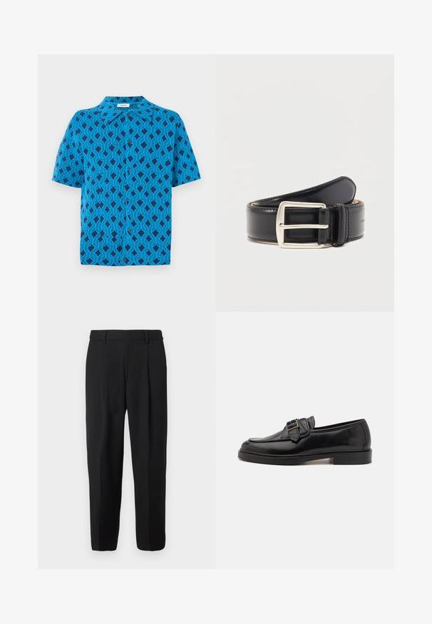 Korte mouw shirt van blauwe stof met een geometrisch patroon van met elkaar verweven lijnen, met een kraag en een knoopsluiting aan de voorkant.; Zwarte broek met rechte pijpen, gemaakt van geweven stof, met een vlak front, riemlussen en twee zijzakken.; Zwarte leren instappers met een ronde neus en een decoratieve gesp. Platte, stevige hak en een gladde textuur overal.; Zwarte leren riem opgerold met een zilverkleurige rechthoekige metalen gesp en zichtbare stiksels langs de randen.