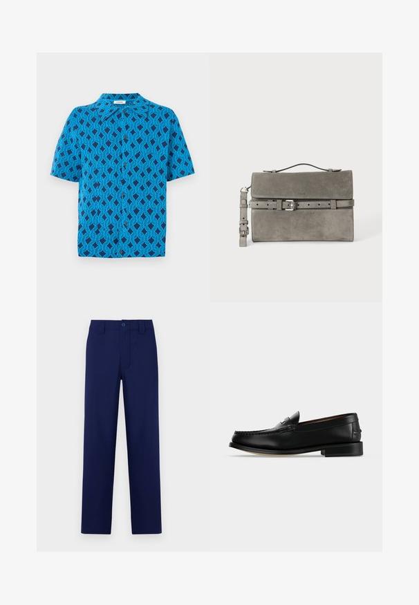 Kurzarmhemd aus blauer Stoff mit einem geometrischen Muster aus ineinander verschlungenen Linien, mit einem Kragen und einer Druckknopfleiste auf der Vorderseite.; Marineblaue Hose mit Knopf und Reißverschluss, geradem Schnitt, flachem Bund und seitlichen Taschen; aus glattem, leichtem Material gefertigt.; Schwarzer Leder-Herrenschuh (Loafer) mit niedrigem Absatz und Mokassin-artiger Naht am Zehenbereich, seitlich auf einfarbigem Hintergrund dargestellt.; Graue rechteckige Clutch aus Veloursleder mit oberem Griff, abnehmbarem Riemen und silbernem Schnallengürtel-Detail auf der Vorderklappe.