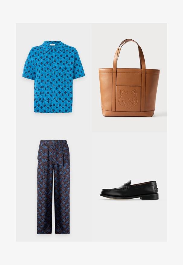 Camisa de manga corta en tela azul con un patrón geométrico de líneas entrelazadas, con cuello y cierre de botones en la parte delantera.; Pantalones de pierna ancha en tejido oscuro, con un patrón azul tejido. La cinturilla elástica garantiza comodidad. Textura suave con acentos geométricos.; Mocasín masculino de cuero negro con tacón bajo y costura estilo mocasín en la puntera, mostrado de lado sobre un fondo liso.; Bolso tote de cuero marrón con cara de zorro en relieve, forma rectangular, dos asas planas y detalles de costura sutiles.