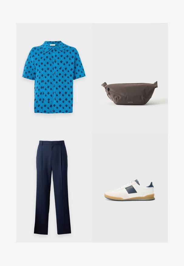Korte mouw shirt van blauwe stof met een geometrisch patroon van met elkaar verweven lijnen, met een kraag en een knoopsluiting aan de voorkant.; Donkerblauwe broeken van gladde stof met een rechte pijp, voorzien van een subtiele textuur en twee voorplooien. Geen zichtbare zakken.; Witte sneakers met marineblauwe accenten, gemaakt van suède en leer, met een ronde neus en rubberen zool. Heeft een logo aan de zijkant en achterkant.; Donkerbruine stoffen heuptas met diagonale ritssluiting en klein wit logo aan de voorkant, tegen een effen lichte achtergrond.