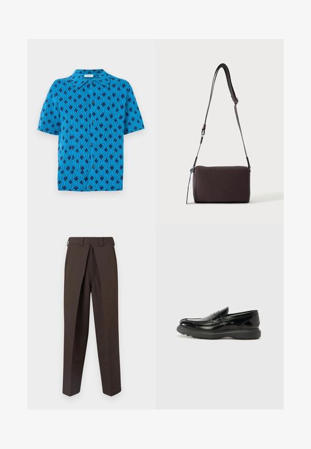 Korte mouw shirt van blauwe stof met een geometrisch patroon van met elkaar verweven lijnen, met een kraag en een knoopsluiting aan de voorkant.; BLUEMARBLE WORK PANT - Broek - brown; Zwarte leren instapper met een glanzende afwerking, een ronde neus, subtiele stiksels en een dikke rubberen zool voor duurzaamheid.; Donkerbruine gestructureerde leren crossbodytas met verstelbare riem en klein decoratief blauw accent aan de zijkant.