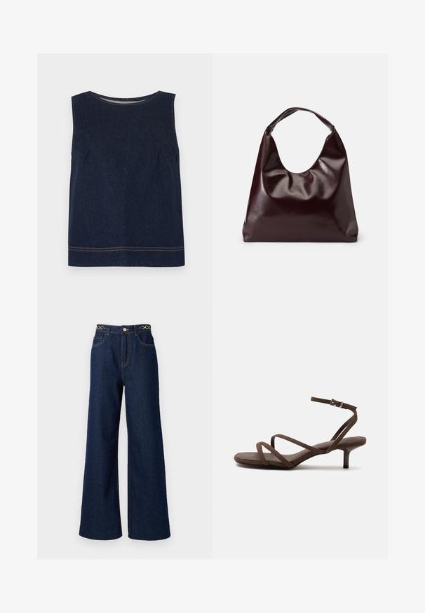 Haut sans manches en denim bleu marine avec un col rond, des coutures latérales et des surpiqûres orange contrastantes le long de l'ourlet. Conception simple et carrée.; Des jeans en denim bleu marine à jambes larges présentent une taille haute, des accents en chaîne dorée à la taille, et des détails de couture contrastants tout au long.; Sandale marron à talons hauts avec fines lanières croisées et bride de cheville avec boucle argentée sur fond blanc.; Sac en cuir vegan bordeaux, brillant, avec une forme douce et sculpturale et une large poignée incurvée pour un transport facile.
