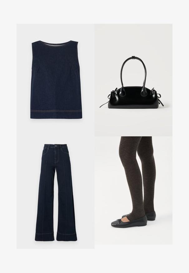 Haut sans manches en denim bleu marine avec un col rond, des coutures latérales et des surpiqûres orange contrastantes le long de l'ourlet. Conception simple et carrée.; Jean large bleu foncé à taille haute, avec des poches avant et des coutures visibles. Fabriqué en denim avec une texture lisse.; Jambes portant des leggings côtelés foncés associés à des ballerines noires avec de petits détails en nœud sur fond blanc.; Petit sac à main noir brillant avec deux longues anses et des détails à cordon sur les côtés sur un fond clair uni.