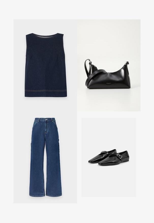 Haut sans manches en denim bleu marine avec un col rond, des coutures latérales et des surpiqûres orange contrastantes le long de l'ourlet. Conception simple et carrée.; Jean en denim bleu foncé taille haute à jambes larges avec poches avant, poches latérales utilitaires, et fermeture à boutons et zip.; Paire de chaussures plates en cuir verni noir à bouts pointus avec une bride à boucle sur le dessus, montrée sur un fond clair uni.; Sac à main en cuir noir avec une texture lisse. Dispose d'une bandoulière adjustable et d'un design élégant et minimaliste avec une fermeture éclair.