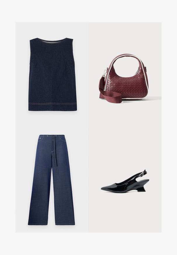 Haut sans manches en denim bleu marine avec un col rond, des coutures latérales et des surpiqûres orange contrastantes le long de l'ourlet. Conception simple et carrée.; Pantalon en denim à jambes larges, couleur bleu foncé, avec une taille à cordon, des poches avant et des coutures blanches contrastantes.; Chaussure slingback en cuir verni noir avec bout pointu et petit talon bloc incliné sur fond clair uni.; Sac à main en cuir tressé marron foncé avec poignée courbée, garniture blanche, fermeture éclair argentée et bandoulière large en tissu amovible sur fond uni.