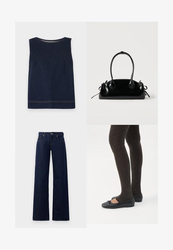Haut sans manches en denim bleu marine avec un col rond, des coutures latérales et des surpiqûres orange contrastantes le long de l'ourlet. Conception simple et carrée.; Jeans évasés en denim bleu foncé, dotés d'un design classique à cinq poches, de coutures cuivrées et d'une fermeture par bouton à la taille.; Jambes portant des leggings côtelés foncés associés à des ballerines noires avec de petits détails en nœud sur fond blanc.; Petit sac à main noir brillant avec deux longues anses et des détails à cordon sur les côtés sur un fond clair uni.