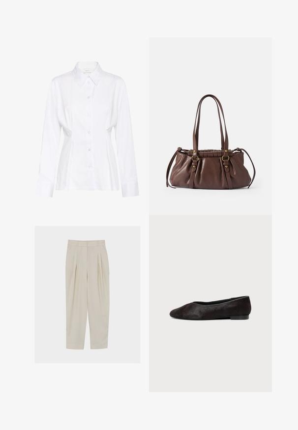 Blouse blanche à manches longues avec col pointu, taille cintrée et étiquette de marque visible "Gestuz" à l'intérieur du col.; Pantalon beige taille haute, ajusté avec des plis, poches latérales, passants pour ceinture et fermeture éclair à l'avant.; Chaussure plate basse noire avec bout arrondi et texture lisse, vue de côté sur un fond clair uni.; Sac à main en cuir brun avec deux longues poignées, design froncé, accents en métal doré et finition texturée.