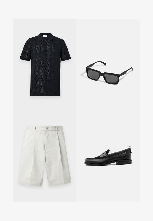 Schwarzes Polohemd mit kurzen Ärmeln, das ein Rautenmuster aus Strickdesign aufweist, mit Kragen und durchgehender Knopfleiste. Glatte Textur und taillierter Saum.; Hellgraue Shorts aus strukturiertem Stoff, mit einem Knopfverschluss, Falten und einem geraden Schnitt, geeignet für legere Trageanlässe.; Schwarzer Lederloafer mit grauem Riemendetail, niedrigem Absatz und strukturierter Sohle, seitlich mit „HUGO“ in Gold gebrandmarkt.; Schwarze Sonnenbrille mit rechteckigen Gläsern, mattem Finish, dickem Rahmen und schlanken Bügeln mit dezentem Branding-Detail.