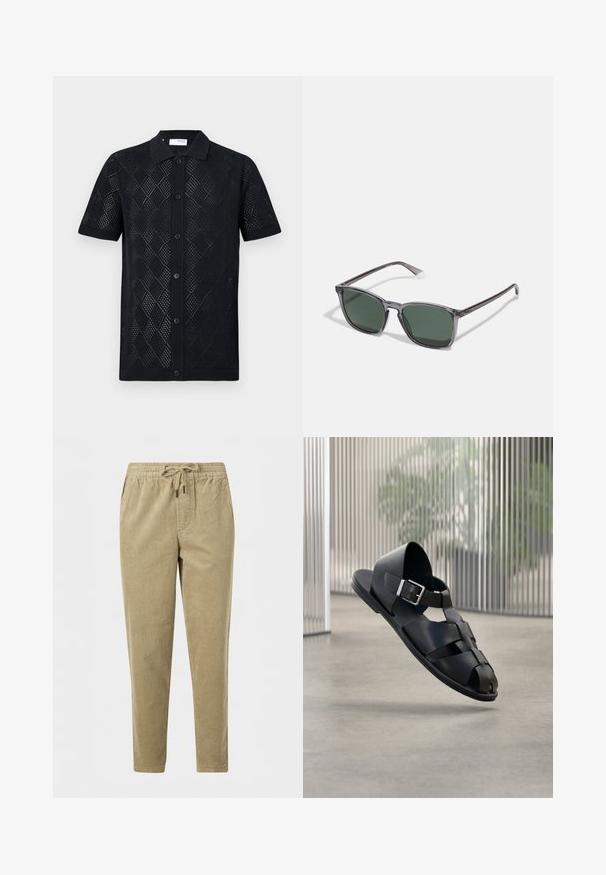 Sort kortærmet polo-shirt med et diamond-mønstret strikdesign, der har krave og knaplukning foran. Glat tekstur og tætsiddende kant.; Lysebrune manchesterbukser med elastisk talje og snøre, med lige ben og sidelommer.; Sort herre lædersandal med sølvspænde, åben tå-design, svævende over en glat betongulv.; Polaroid Solbriller - grey