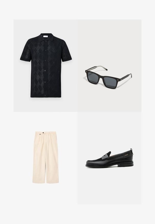 Zwarte polo met korte mouwen met een gebreid ontwerp in een ruitpatroon, voorzien van een kraag en knoopsluiting aan de voorkant. Soepele textuur en aansluitende zoom.; Beige wijde broek van gladde stof, met twee plooien aan de voorkant, zijzakken en zwarte knoopsluiting in de taille.; Zwarte leren loafer met grijs riemdetailelement, lage hak en gestructureerde zool, aan de zijkant gebrandmerkt met "HUGO" in goud.; Zwarte vierkante zonnebril met donkere lenzen, kunststof montuur, metalen accenten en ondertekend logo op de poot. Strak ontwerp met een moderne uitstraling.