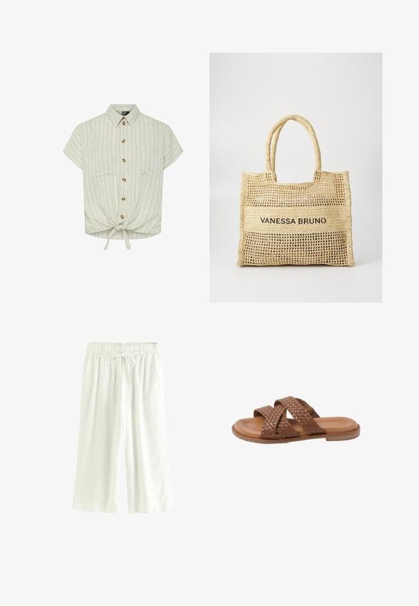 Blouse à manches courtes, de couleur beige clair, avec des rayures verticales, un col, une fermeture à boutons sur le devant, deux poches poitrine et un détail de bas noué. Le matériau semble texturé.; Culottes légers, blancs, à coupe décontractée. Dotés d'une taille élastique avec cordon de serrage, de deux poches latérales et d'une texture lisse.; Sandale mule en cuir marron avec deux larges brides tissées croisées sur le dessus du pied et une semelle plate, isolée sur fond blanc.; Sac fourre-tout tissé beige avec deux poignées et "VANESSA BRUNO" imprimé en noir sur un panneau tissé solide au centre.