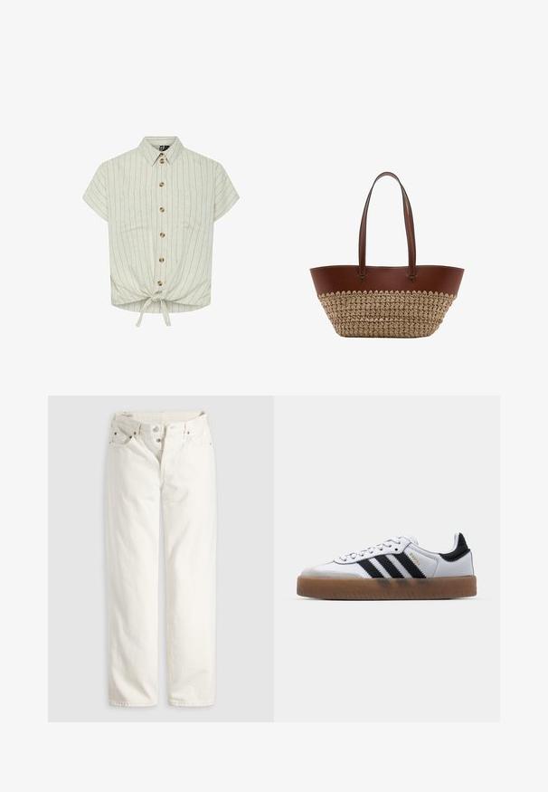 Kortærmet bluse i lys beige med lodrette striber, krave, knaplukning foran, to brystlommer og en bunddetalje med bånd. Materialet ser struktureret ud.; Hvide jeans med høj talje, lige ben, knaplukning, lommer foran og bagpå samt synlige kobbernitter i lommekanterne.; Hvide lædersneakers med sorte striber, gummirubber sål, rund tå, snørelukning og blød grå ruskinds tåhætte.; Brun læder- og flettet stråtaske med to lange håndtag og hvide syninger på læderkantningen.