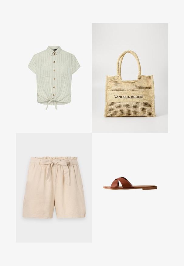 Kortærmet bluse i lys beige med lodrette striber, krave, knaplukning foran, to brystlommer og en bunddetalje med bånd. Materialet ser struktureret ud.; Beige linnedshorts med elastisk livrem, flæset kant og en aftagelig bælte i snor. Har en afslappet pasform og glat, tekstureret stof.; Brun læder slidesandal med krydsstropdesign. Flad sål med en glat finish og minimalistisk stil. Ingen synlige beslag eller accenter.; Beige vævet tote bag med to håndtag og "VANESSA BRUNO" trykt i sort på et solidt vævet panel i midten.