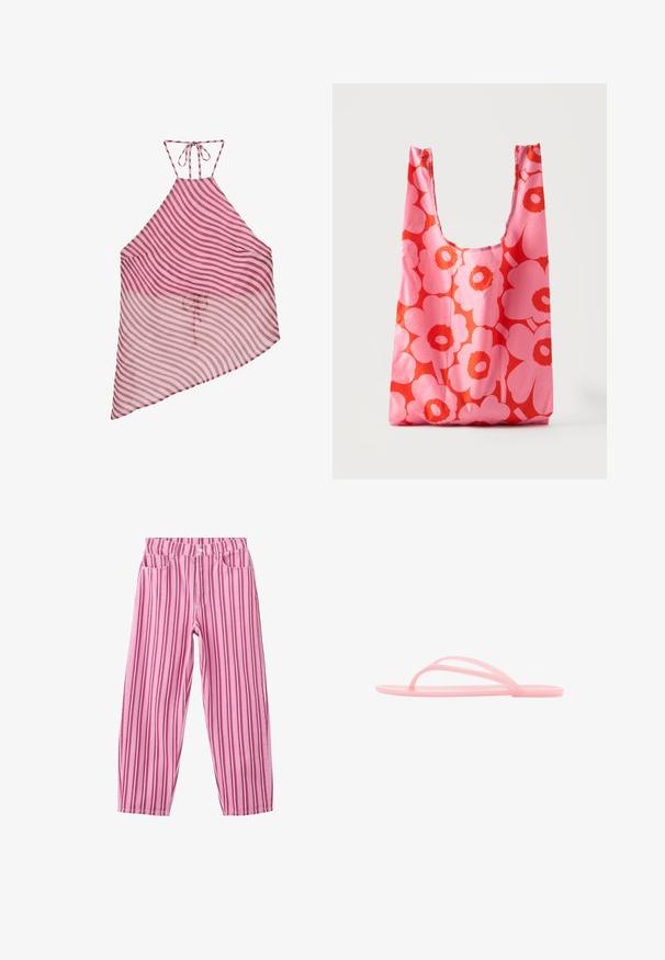 Robe asymétrique à rayures roses et marron, à fines bretelles nouées autour du cou et en tissu fluide et léger.; Pantalon à rayures verticales roses et blanches avec poches avant, passants pour ceinture et fermeture par bouton à la taille.; Tongs minimalistes en caoutchouc rose avec fines lanières et semelle plate, présentées en profil latéral sur fond blanc.; Sac de courses réutilisable avec un motif floral rose vif et rouge, posé debout sur fond blanc uni.