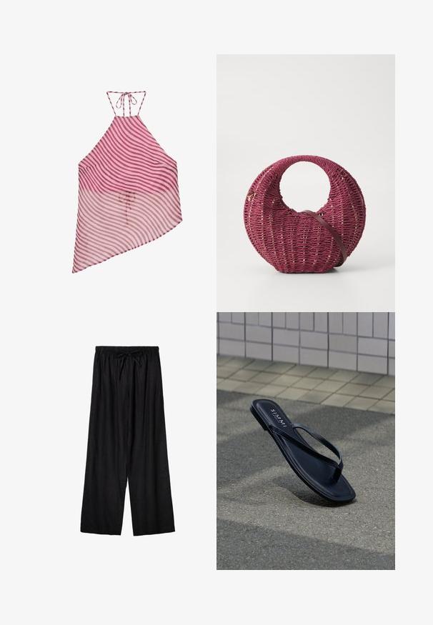 Robe asymétrique à rayures roses et marron, à fines bretelles nouées autour du cou et en tissu fluide et léger.; Pantalon ample noir à taille élastique avec cordon de serrage devant, fabriqué en tissu léger.; Sandale tongs en cuir noir avec des lanières fines reposant sur un trottoir gris près d'un mur carrelé, avec la marque "S. MAMMI" inscrite sur la semelle intérieure.; Sac rond tissé en bordeaux profond avec une bandoulière lisse marron. Présente des accents dorés et une surface texturée avec des ouvertures régulièrement espacées.