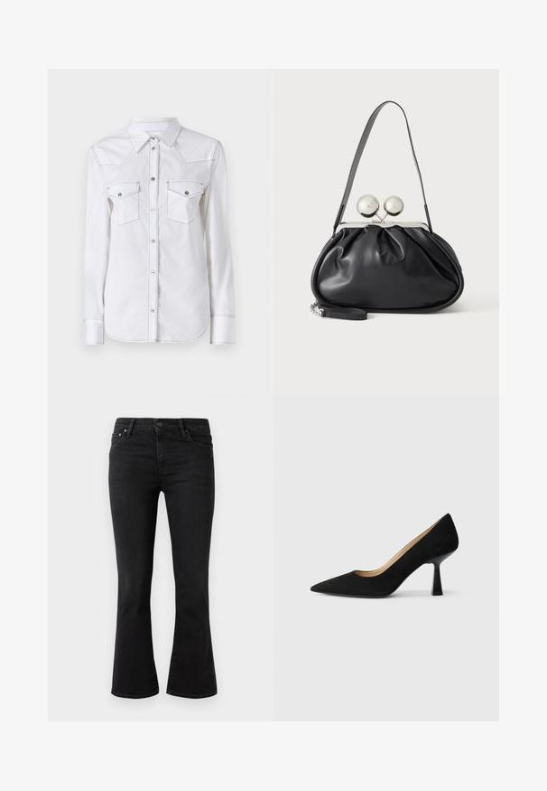 Chemise blanche à manches longues avec un col pointu, deux poches poitrine, des coutures contrastées et un ourlet arrondi. Dotée de boutons en métal.; Jean noir évasé en denim, avec un design classique à 5 poches, fermeture à bouton à l'avant et léger délavage sur les cuisses.; Pompe à talons hauts en suède noir avec un bout pointu, dotée d'un talon bloc noir brillant et d'une doublure intérieure lisse.; Sac à main en cuir noir avec un design plissé, une sangle unique, un cadre métallique argenté et deux grandes fermoirs ronds en argent.