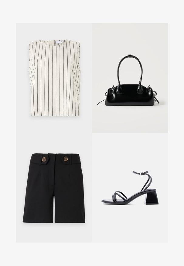 Top sin mangas de tela color crema con rayas verticales negras. Presenta un cuello redondo y una pequeña abertura en la parte trasera. Diseño minimalista.; Shorts negros a medida con cintura alta, dos grandes botones marrones en las pestañas laterales y un detalle de costura frontal.; Sandalia negra con tiras, abierta en la punta, con hebilla en el tobillo y tacón cuadrado, vista lateral sobre un fondo claro y liso.; Pequeño bolso negro brillante con dos asas largas y detalles de cordón lateral sobre un fondo claro liso.