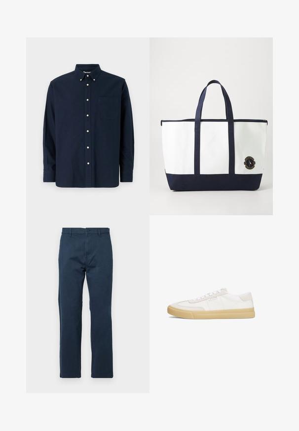 Marineblauwe button-up shirt van katoen, met een puntige kraag, een borstzak en acht bijpassende knopen langs de sluiting.; Marineblauwe katoenen broek met een rechte pasvorm, voorzien van een knoopsluiting aan de voorkant, riemlussen en zijzakken. Gladde structuur, geen patronen.; Witte sneakers van leer en suède, met een vetersluiting, een tan rubberen zool en een klein logo aan de zijkant.; Tote bag van wit canvas met marineblauwe accenten. Voorzien van twee stevige handvaten en een logo patch op de voorkant. Rechthoekige vorm.