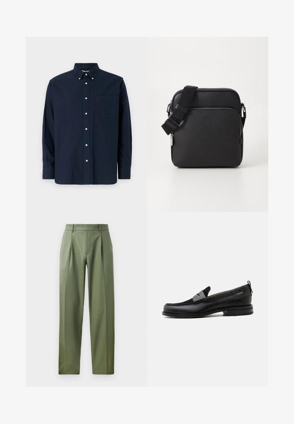 Chemise bleu marine à manches courtes, en coton, avec un col pointu, une poche frontale et huit boutons assortis le long de la patte de boutonnage.; Pantalons sur mesure en tissu vert olive avec une texture lisse, présentant deux plis avant, des passants de ceinture et une coupe droite.; Mocassin en cuir noir avec détail de bride grise, talon bas et semelle texturée, marqué "HUGO" en or sur le côté.; Sac bandoulière en cuir noir avec une surface texturée, doté d'une poche zippée à l'avant, d'une bandoulière ajustable et d'accents en métal.