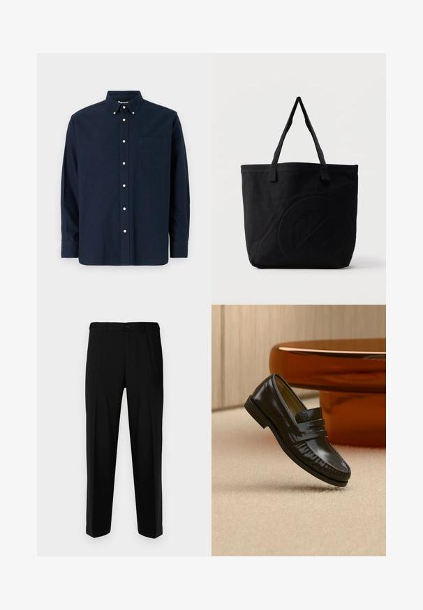 Navyblaue Knopfhemd aus Baumwolle, mit spitzem Kragen, Brusttasche und acht passenden Knöpfen entlang der Knopfleiste.; Schwarze Hosen aus glattem Stoff, mit geradem Schnitt, zwei vorderen Taschen und einem Reißverschluss mit Knopfverschluss.; Glänzender schwarzer Leder-Loafer mit einem Riemendetail, auf einem beigen Teppich neben einem runden braunen Couchtisch in einem sanft beleuchteten Raum platziert.; Schwarze Canvas-Shopper-Tasche mit zwei Schulterriemen und einem dezenten, eingeprägten kreisförmigen Design auf der Vorderseite.