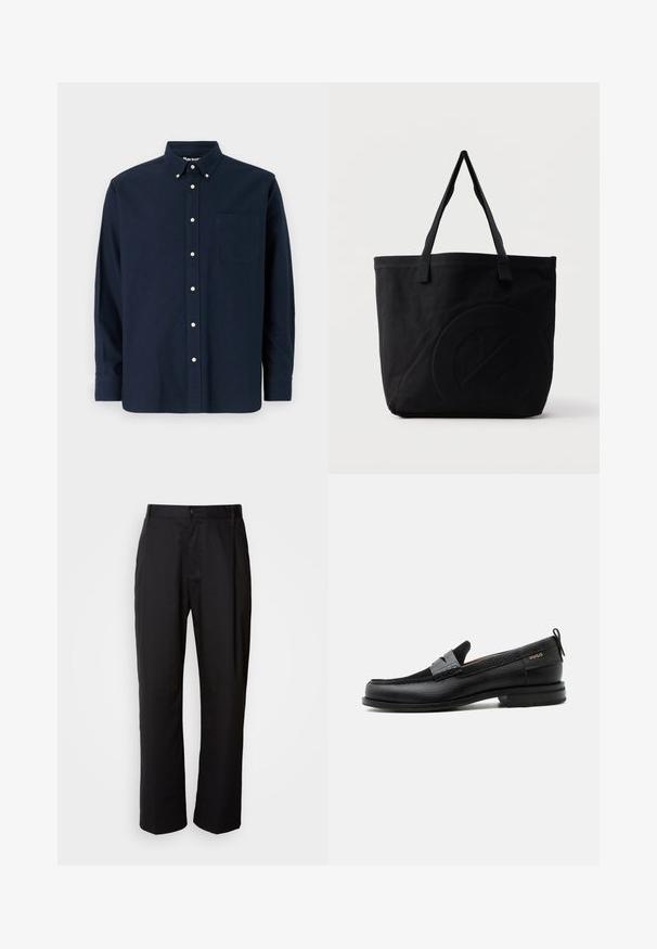 Chemise bleu marine à manches courtes, en coton, avec un col pointu, une poche frontale et huit boutons assortis le long de la patte de boutonnage.; Pantalon noir à coupe droite, en tissu léger. Il dispose d'une fermeture à bouton sur le devant et de deux poches latérales ; texture lisse.; Mocassin en cuir noir avec détail de bride grise, talon bas et semelle texturée, marqué "HUGO" en or sur le côté.; Sac fourre-tout en toile noire avec deux bandoulières et un motif circulaire discret en relief sur le devant.