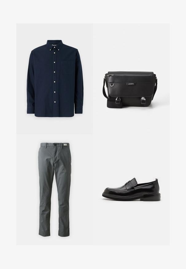 Chemise bleu marine à manches courtes, en coton, avec un col pointu, une poche frontale et huit boutons assortis le long de la patte de boutonnage.; Chinos en coton gris avec une coupe droite, dotés d'une fermeture à bouton, de passants de ceinture et de poches latérales. Texture lisse et détails minimaux.; Calvin Klein MOCCASIN - Mocassins de ville - black; Sac messager Lacoste noir texturé avec bandoulière ajustable, rabat avant, poche zippée et fermetures à boucle en métal.