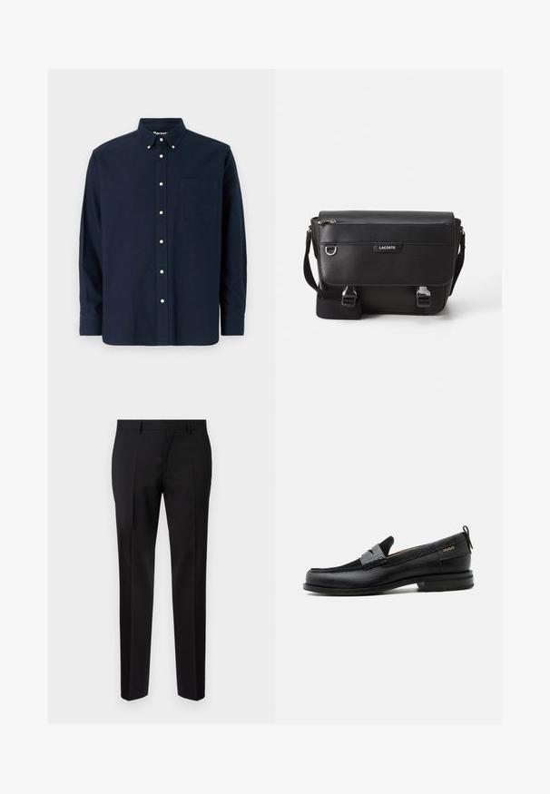 Marineblauwe button-up shirt van katoen, met een puntige kraag, een borstzak en acht bijpassende knopen langs de sluiting.; Zwarte op maat gemaakte broeken van een gladde stof, met een rechte pijp, verfijnde plooidetails en een klassieke tailleband met riemlussen.; Zwarte leren loafer met grijs riemdetailelement, lage hak en gestructureerde zool, aan de zijkant gebrandmerkt met "HUGO" in goud.; Zwarte textuur Lacoste schoudertas met verstelbare strap, voormep flap, ritszak en metalen gesp-sluiting.