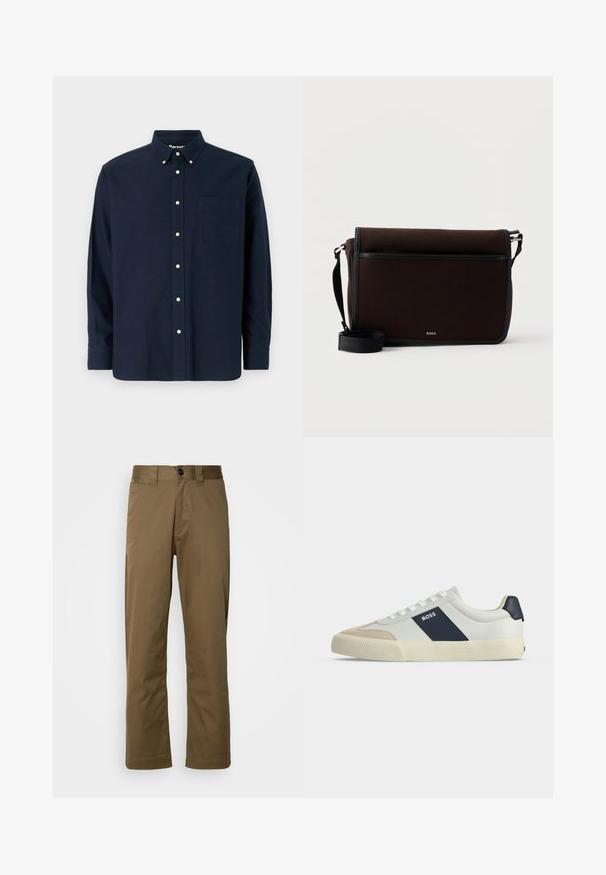 Chemise bleu marine à manches courtes, en coton, avec un col pointu, une poche frontale et huit boutons assortis le long de la patte de boutonnage.; Pantalon marron à jambe droite en tissu tissé. Avec fermeture à bouton, poches latérales et texture lisse. Coupe ajustée.; Baskets basses blanches avec bout beige, bande latérale bleu marine marquée BOSS, lacets blancs et semelle en caoutchouc sur fond neutre.; Sac messager en tissu brun foncé avec une sangle noire ajustable et un petit logo argenté "BOSS" sur le rabat avant.