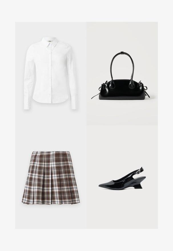 Camisa blanca de manga larga con botones, hecha de algodón; cuenta con un cuello clásico y cierre de botones en la parte delantera. Textura suave, ajuste estándar.; Falda plisada de cuadros marrones y blancos con un diseño estructurado y una textura nítida, que presenta una cintura alta y múltiples pliegues verticales.; Zapato slingback de cuero charol negro con puntera puntiaguda y tacón bajo en bloque inclinado sobre fondo claro liso.; Pequeño bolso negro brillante con dos asas largas y detalles de cordón lateral sobre un fondo claro liso.
