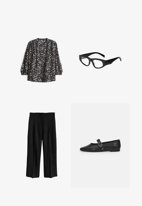 Zwarte blouse met een crèmekleurig abstract patroon, voorzien van een V-hals, knopen aan de voorkant en gathered mouwen voor een ontspannen pasvorm. Textuurstof.; Zwarte broek met wijde pijpen, plooien aan de voorkant en een trekkoord in de taille, gemaakt van gladde stof.; Zwarte leren platte schoen met een ronde neus, een enkele verstelbare gespsluiting en een gladde, glanzende textuur. Minimalistisch ontwerp met een lage hak.; Zwarte rechthoekige bril met een glanzende afwerking, voorzien van hoekige randen en taps toelopende pootjes. Gemaakt van 75% gerecyclede materialen.